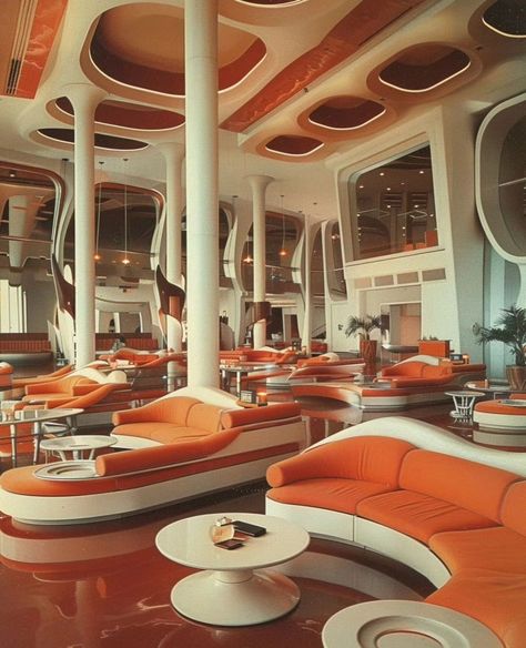 70s Mansion Aesthetic, 70s Futurism Architecture, 1960s Mansion Interior, Retro Futurism Architecture Interiors, Luxury 80s Interior, 1970s Architecture, Groovy Interiors, 70s Architecture, Brutalist Interior