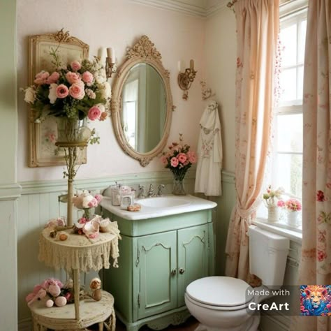 Country Farmhouse Bathroom, Flower Lamps, Baños Shabby Chic, Pink Dining Rooms, Country Deco, Romantic Bedrooms, Romantic Cottagecore, Townhouse Interior, Vintage Bathroom Decor