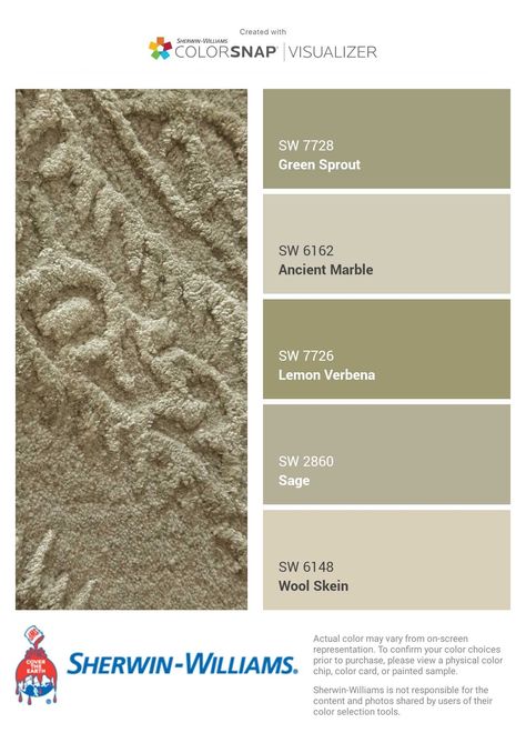 I just created this color palette with the Sherwin-Williams ColorSnap® Visualizer app on my Android phone. What do you think? You can learn more about ColorSnap Visualizer and get it on your phone free by visiting http://www.sherwin-williams.com/colorsnap. Sw Lemon Verbena, Ancient Marble Sherwin Williams, Marble Color Palette, Ancient Marble, 2023 Classroom, Wool Skein, Lemon Verbena, Classroom Setup, Marble Colors