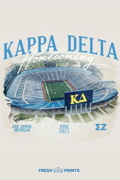 Design custom merchandise for your organization with fresh prints! kappa delta, kappa delta sorority, sorority, homecoming, university of michigan, university of michigan gameday, football, tailgate outfits, homecoming outfits, sorority tailgate, sorority custom apparel, greek life merch, fresh prints, ann arbor, hoodie, sweatshirt, sorority hoodie, sorority apparel, vintage graphic design, vintage hoodie, vintage football poster, custom tee shirt, customized apparel, watercolor graphic, weathe Sorority Homecoming Shirts, Sorority Tailgate, Sorority Tshirt Designs, Sorority Themes, Kappa Delta Sorority, Design University, Tailgate Outfit, Sorority Designs, Fraternity Apparel