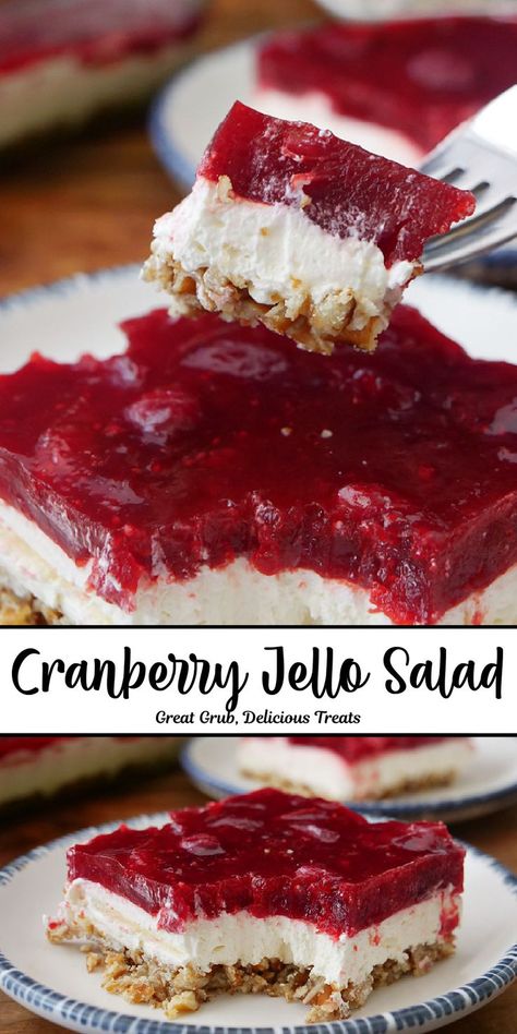 A double photo collage of a serving of cranberry jello salad on a white plate. Cranberry Dessert Recipe, Jello Candy Recipe, Cranberry Jello Salad, Cranberry Salad Recipes, Salty Desserts, Cranberry Jello, Jello Salads, Cranberry Dessert, Jello Dessert Recipes