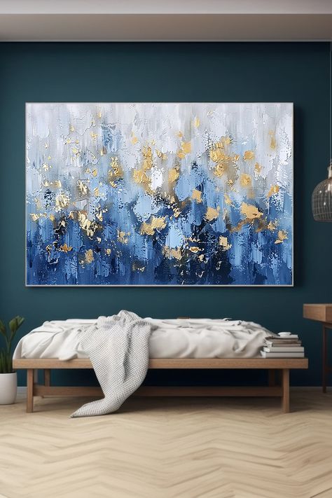 Original handmade abstract painting with textured blue brushstrokes and gold leaf accents on canvas Gold Abstract Painting, Handmade Artwork, Blue And Gold, Decor Art, Brush Strokes, Gold Leaf, Modern Decor, Modern Art, Abstract Painting