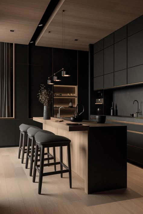 Modern Kitchen Design Trends, Japandi Style Kitchen, Japandi Kitchen Design, Japandi Kitchen, Kitchen Island Cabinets, Dark Modern, Minimal Kitchen, Minimalist Kitchen Design, Modern Kitchen Island