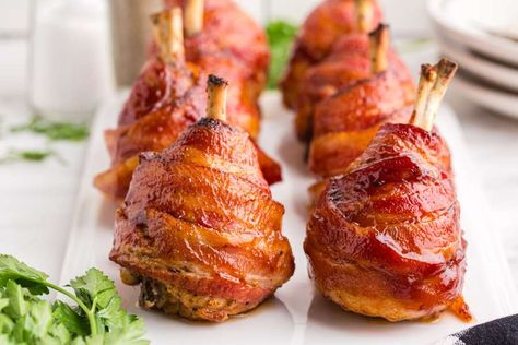 Bacon Wrapped Chicken Lollipops Chicken Lollipops Recipe Oven, Chicken Lollipops Recipe, Baked Bacon Wrapped Chicken, Chicken Lollipop, Chicken Drums, Lollipop Recipe, Chicken Lollipops, Wrapped Chicken, Family Fresh Meals