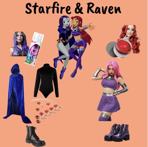 Best Friend Halloween Costume, Starfire and Raven. All finds are found linked in my bio! Enoy! Raven And Starfire Costume Couple, Raven Costume Black Women, Raven And Starfire Halloween Costume Ideas, Best Friend Superhero Costumes, Duo Halloween Costumes Raven And Starfire, Raven And Starfire Costume, Halloween Costumes Starfire, Starfire And Raven Matching Outfits Halloween, Starfire And Raven Matching Outfits