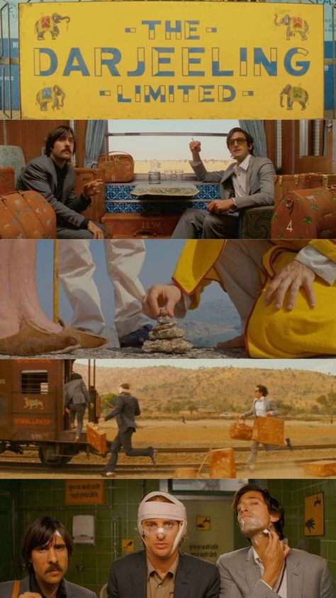 Darjeeling Limited Aesthetic, Wes Anderson Darjeeling Limited, The Darjeeling Limited Wallpaper, Movie Scene Lighting, Wes Anderson Aesthetic Design, Adrien Brody Darjeeling Limited, Wes Anderson Composition, Wes Anderson Typography, Wes Anderson Shots