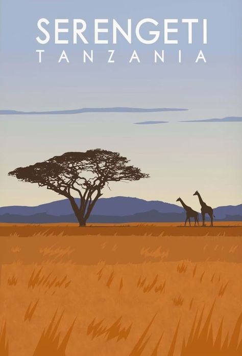 Africa Illustration, Africa Landscape Drawing, Savanna Illustration, Savannah Illustration Landscape, African Savannah Landscape Painting, South Africa Retro Poster, Serengeti Tanzania, Safari Theme Birthday Party, African Plains