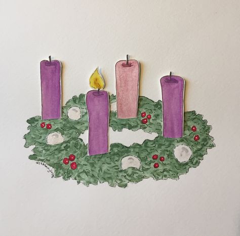 Watercolor Advent Wreath with Removable and Interchangable Candles - Lighting the first candle by SC Abbey - 2018 #watercolor #SCAbbey #Advent Advent Design, Advent Art, Wreath Illustration, Wreath Drawing, Advent Season, Advent Candles, Advent Wreath, Cosy Winter, One Candle