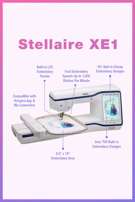 There's may reasons why embroidery enthusiasts are reaching for their Stellaire Innov-Is XE1, but here are just a few 😉 ✨ Fast embroidery speeds up to 1,050 stitches per minute ✨ Built-in LEC embroidery pointer ✨ 9.5" x 14" embroidery field ✨ 101 built-in Disney embroidery designs ✨ Over 700 built-in embroidery designs ✨ Compatible with Artspira mobile app & My Connection Tap through to learn more about our XE1! Fast Embroidery, Embroidery Field, Background Line Art, Disney Embroidery Designs, Brother Se1900, Brother Lx3817 Sewing Machine, Brother Prs100 Embroidery, Mens Sewing, Brother Cs6000i Sewing Machine