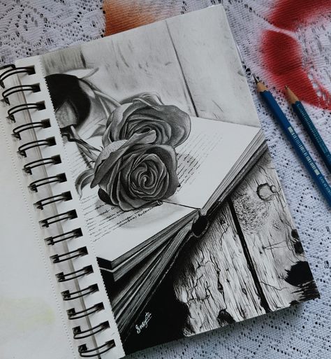 Pencil drawing of rose & book Drawing Aesthetic Sketchbook Pencil, Cool Sketch Ideas Creativity, Rose Book, Pencil Drawing Images, Buddhist Art Drawing, Whimsical Art Journal, Rose Sketch, Boho Art Drawings, Pencil Sketch Images