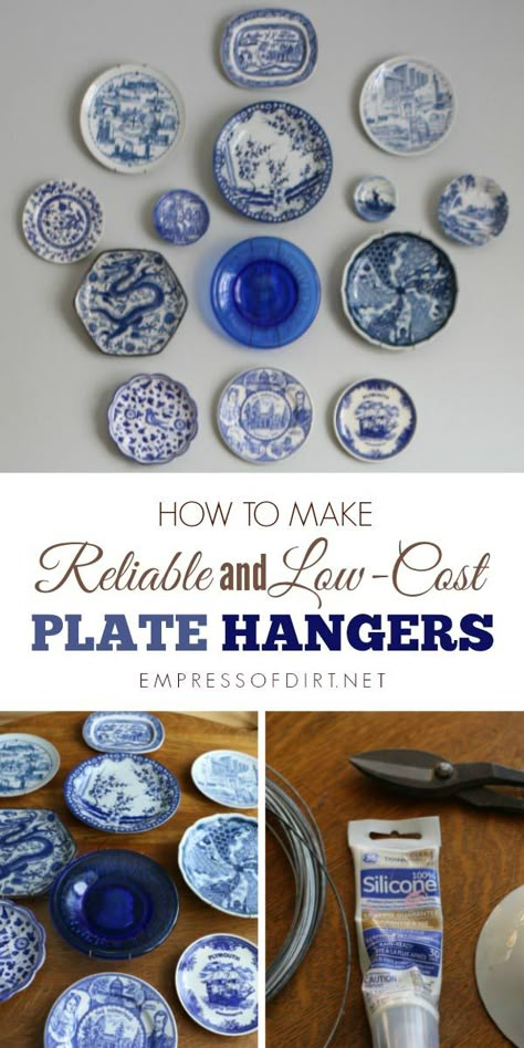 Here's a quick and inexpensive way to make sturdy plate hangers for displaying decorative plates on a wall. Plates On A Wall, Hang Plates On Wall, Plate Wall Display, Decorative Plates Display, Plates White, Old Plates, Plate Hangers, Plate Wall Decor, Blue White Decor