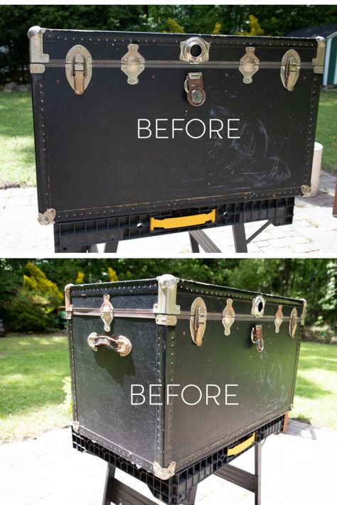 This old thrifted trunk turned rustic trunk coffee table was such a simple makeover! Now ready for new life! artsychicksrule.com Old Trunk Redo, Rustic Trunk Coffee Table, Steamer Trunk Makeover, Trunk Redo, Trunk Makeover, Chalk Paint Makeover, Driftwood Stain, Basket Makeover, Metal Trunks