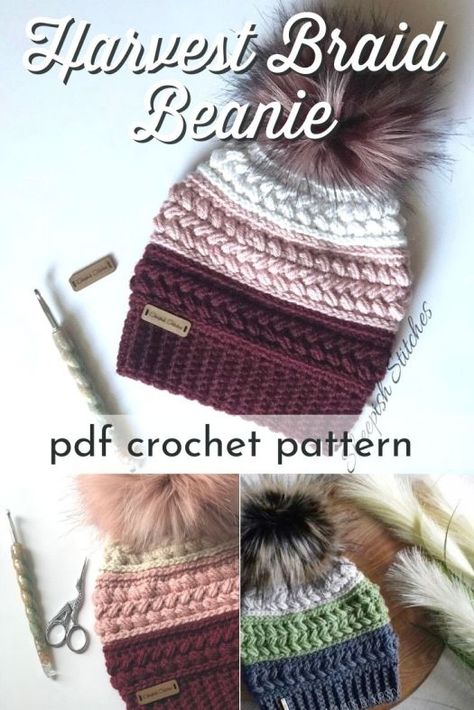 Harvest Braid Beanie, Crochet Braided Hat Pattern Free, Harvest Braid Beanie Pattern Free, Crochet To Look Like Knitting, Crochet Knit Beanie, Knit Look Crochet Beanie Free Pattern, Quick Crochet Hats Free Pattern, Pnw Beanie Pattern, Top Down Crochet Beanie Free Pattern