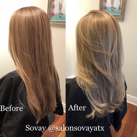 low maintenance highlights and long layered cut Blended Long Layers Straight, 180 Degree Long Layered Cut, Long Hair With Shorter Front Layers, Light Layers On Medium Hair, Few Layers Haircut, Small Layers Hair, Light Hair Layers, Long Layered Hair Blonde Balayage, Blond Hair With Long Layers