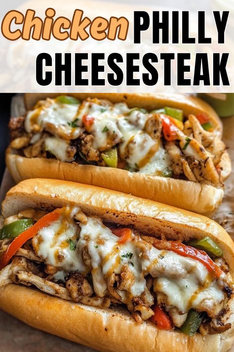 Chicken Philly Cheesesteak Philly Cheese Chicken Crock Pot, Chicken Crockpot Recipes Sandwich, Hoagie Roll Sandwiches, Healthy Chicken Philly Cheesesteak, Philly Cheese Steak With Chicken, Philly Cheesesteak Roll Ups, Chicken Philly Recipe, Healthy Chicken Cheesesteak, Chicken Cheesesteak Sandwich