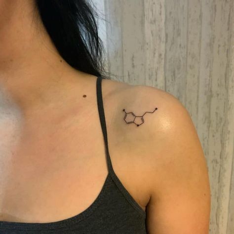 Coffee Molecule Tattoo, Molecular Structure Tattoo, Serotonin Tattoos Creative, Humanity Tattoo, Nutrition Tattoo, Titanium Tattoo, Seratonin Small Tattoo, Serotonin Molecule Art, Serotonin Aesthetic