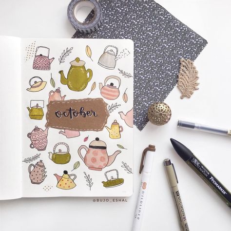 Eshal on Instagram: “🍂 October coverpage 🍂 This months theme is teapots! Although this is a very simple theme, I tried to make it look as good as possible,…” Journal Design Cover, Ideas For Journal, Planners Ideas, Bujo Cover, Journal Designs, Zebra Mildliner, Cover Journal, Bullet Journal Themes, Bullet Journal Art