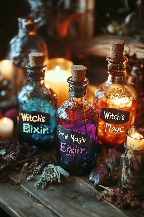 "Brew up some magic with DIY Potion Bottle Decor! 🧙‍♀️🧪 Perfect for adding a witchy vibe to your Halloween decor. #PotionBottleDIY #WitchyHalloween #DIYHalloweenDecor" Diy Potion Bottles, Potions Recipes, Halloween Potion, Halloween Potion Bottles, Painted Glass Bottles, Witchy Halloween, Halloween Potions, Potion Bottles, Bottle Decor