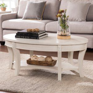 Southern Enterprises Laverly Cocktail Table Round Coffee Table Living Room, White Coffee Table, Oval Coffee Table, Coffee Table With Shelf, White Oak Wood, Oval Coffee Tables, Wholesale Furniture, Hallway Furniture, Coffee Table White