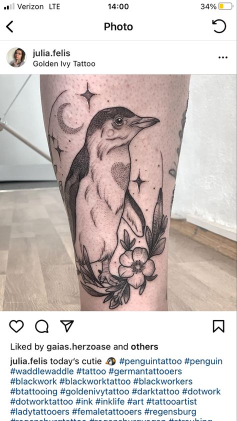 Penguin Flower Tattoo, Penguin And Flower Tattoo, Fairy Penguin Tattoo, Penguin Ankle Tattoo, Realistic Penguin Tattoo, Dot Work Penguin Tattoo, Penguin With Flowers, Penguin Tattoos, Penguin Tattoo