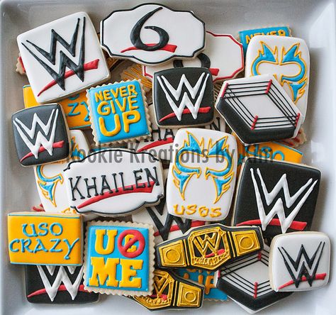 Wwe Cookies, Book Themed First Birthday, John Cena Birthday, Wwe Birthday Cakes, Mardi Gras Cookies, Wwe Cake, Wrestling Birthday Parties, Minecraft Cookies, Wrestling Birthday