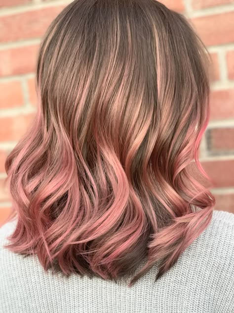 Rose Gold Highlights Light Brown Hair, Ash Brown Hair With Pink Highlights, Light Brown To Pink Ombre Hair, Dark Blonde Hair With Colored Highlights, Light Pink Hair Balayage, Honey Blonde Hair With Pink Underneath, Pink Streaks In Light Brown Hair, Soft Pink Hair Highlights, Subtle Pink Balayage