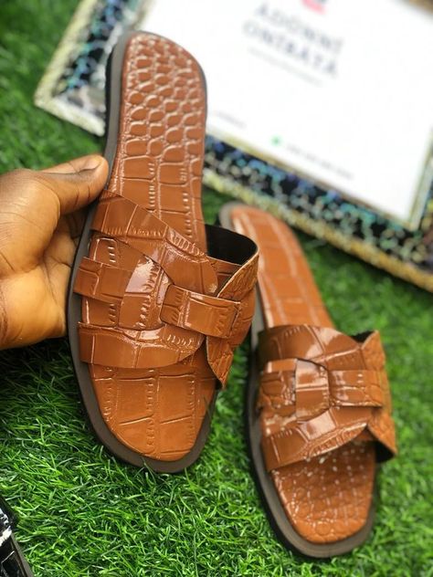 Handmade footwears@09034469675 Addidas Slippers, Mens Boots Outfits, Trending Footwear, Best Sandals For Men, Fridge Photos, Leather Slippers For Men, Canvas Bag Design, Combat Boots Men, Cowboy Shoes