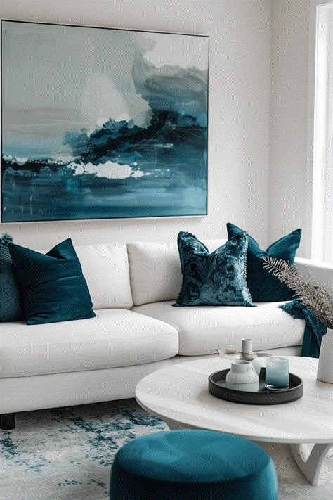 Teal Blue Living Room Ideas, Teal And White Living Room Ideas, Navy Blue And Teal Living Room, Black And Blue Living Room, Sleek Modern Living Room, Blue And Green Aesthetic, Blue Upholstered Chair, Blue And Green Living Room, Lounge Room Design