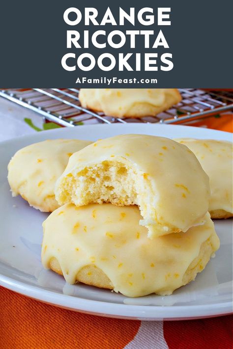 Orange Ricotta Cookies - A Family Feast Ricotta Christmas Cookies, Orange Ricotta Cookies, Ricotta Cheese Cookies, Ricotta Pound Cake, Cookies Orange, Orange Ricotta, Italian Ricotta Cookies, Treats For Christmas, Soft Sugar Cookie Recipe