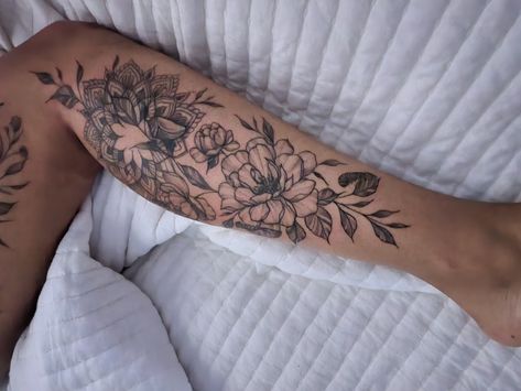 Floral Calf Tattoo, Calf Sleeve Tattoo, Wrap Around Tattoo, Sleeve Ideas, Calf Sleeve, Calf Tattoo, Leg Sleeve, Sleeves Ideas, Leg Sleeves