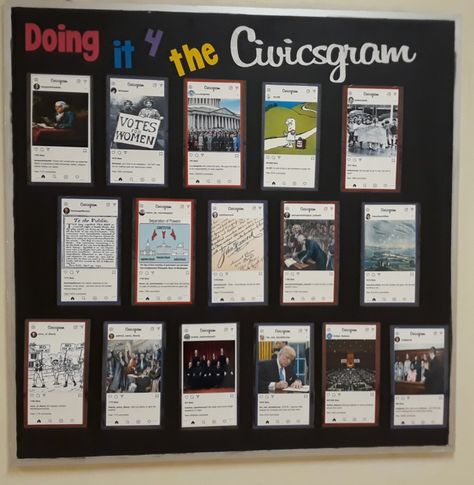 Civics Bulletin Board Ideas, Civics Classroom Decorations, Instagram Bulletin Board, Civics Classroom, Social Studies Bulletin Boards, Class Board Decoration, High School Bulletin Boards, Class Board, Classroom Board