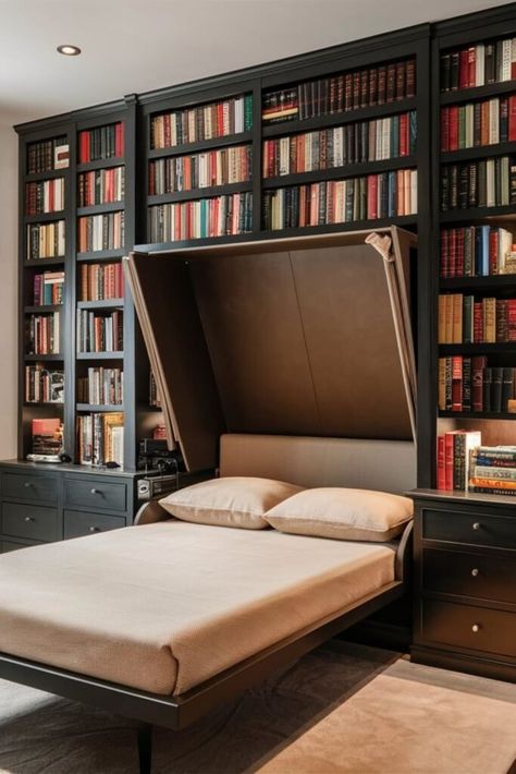 Murphy Bed With Bookshelf, Library Room With Murphy Bed, Murphy Bed Library Wall, Study With Murphy Bed, Murphy Bed Bookcase Built Ins, Diy Murphy Bed With Storage, Library With Murphy Bed, Murphy Bed In Office Ideas, Rooms With Murphy Beds