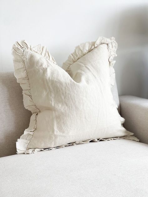 Ellenvale Interiors - Ellenvale Interiors Throw Pillows On Bed, Scalloped Cushion, Aesthetic Throw Pillows, Ruffle Pillows, Ruffle Cushion, Bedding Cushions, Cream Room, Neutral Cushions, College House