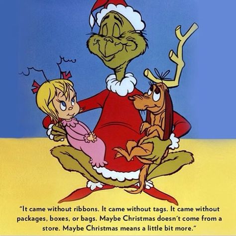 "It came without ribbons. It came without tags. It came without packages, boxes or bags. And he puzzled and puzzled 'till his puzzler was sore. Then the Grinch thought of something he hadn't before. What if Christmas, he thought, doesn't come from a store. What if Christmas, perhaps, means a little bit more." -Dr. Seuss, How the Grinch Stole Christmas Downtown Decorations, Holiday Movie Quotes, December Bujo, O Grinch, Holiday Jokes, Quotes People, Religious Humor, Grinch Who Stole Christmas, Christmas Films