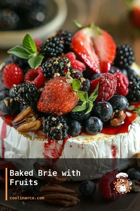 A delicious appetizer of warm baked brie topped with a variety of fresh fruits. Brie And Fruit Appetizer, Sliced Baguette, Brie Cheese, Baked Brie, Fresh Fruits, Sushi Rolls, Chopped Pecans, Cooking Techniques, Fresh Strawberry