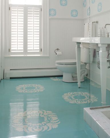 Instead of tile or linoleum, paint floors with a high gloss. | 27 Clever And Unconventional Bathroom Decorating Ideas Seal Basement, Stenciled Concrete Floor, Small Half Bathroom, Painted Wood Floors, Painted Concrete, House Flip, Painted Concrete Floors, Colored Epoxy, Epoxy Flooring