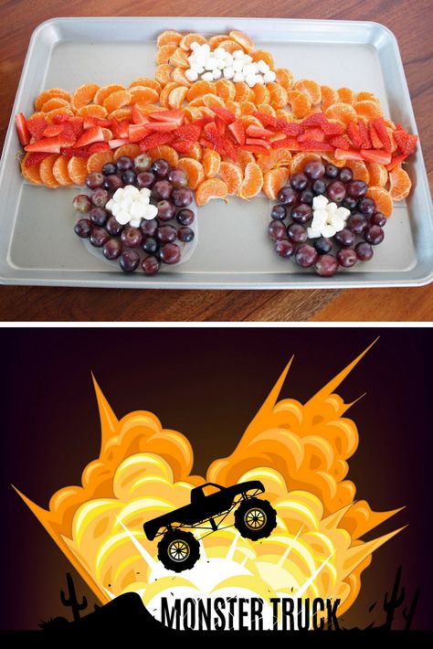 Fun monster truck fruit tray for an easy playdate or Monster Jam birthday party idea. Truck Fruit Tray, Monster Truck Birthday Party Ideas Food, Monster Truck Birthday Party Ideas, Truck Birthday Party Ideas, Monster Jam Birthday Party, Blaze Birthday Party, Blaze Party, Monster Truck Birthday Party, Monster Jam Birthday