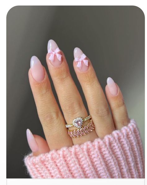 Bow Nail Designs, Pink White Nails, Soft Pink Nails, Almond Press On Nails, Pink Nail Art Designs, Simple Spring Nails, Easter Nail Designs, White Nail Art, Pink Nail Art