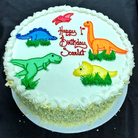 Buttercream Dinosaur, Dinosaur 1st Birthday Cake, Sheet Cake Dinosaur Theme, Dinosaur Cake Buttercream, Buttercream Dinosaur Cake, Dinosaur Sheet Cake, Dinosaur Themed Sheet Cake, Butter Cream Dinosaur Cake, The Good Dinosaur Cake