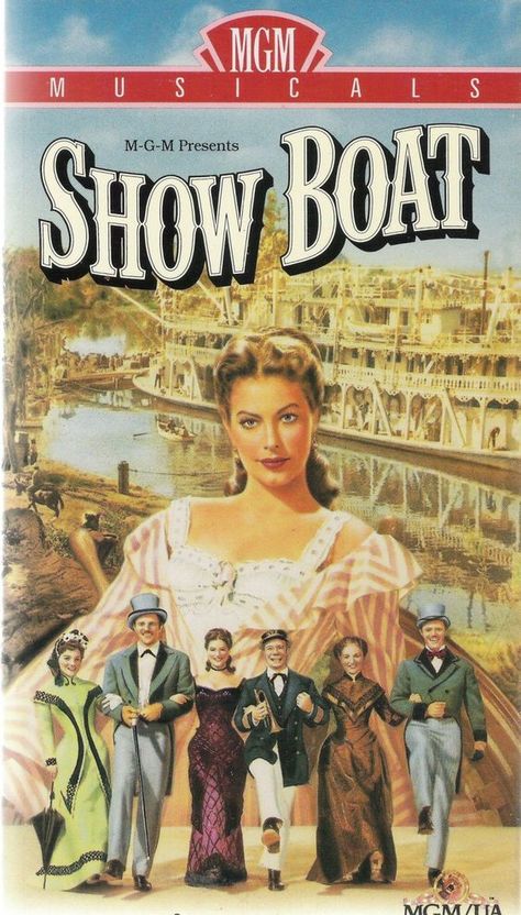 'Showboat', 1951 - Starring Kathryn Grayson  - The 'Cotton Blossom' owned by the Hawks family, is the grand old showboat where everyone comes for great musical entertainment down south. And Julie Laverne & her husband are the super stars of the show. Julie is half African American & married to a white man. A snitch on board calls the police & they are forced to leave the boat. In that part of the south inter racial marriages were forbidden - Enter, Magnolia Hawks, the new main attraction. Howard Keel, Show Boat, Musical Film, Old Hollywood Movies, Classic Movie Posters, See Movie, Ava Gardner, Hooray For Hollywood, Blockbuster Movies