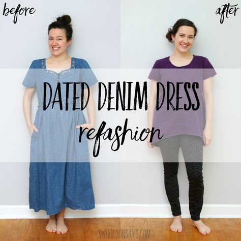 Denim Dress Refashion, Denim Dress Upcycle, How To Style Denim Dress, Diy Blouse Refashion, Dress To Romper, Blouse Refashion, Dress Makeover, Refashion Dress, Newspaper Dress