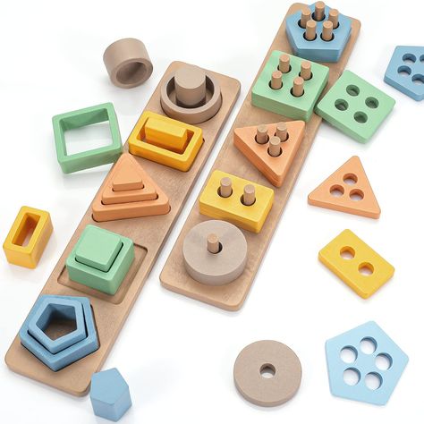 PRICES MAY VARY. 🎁【Baby Toy for Early Education】This wooden sorting and stacking toy contains 2 wooden toys, one is a classic geometric stacking toy, and the other is an innovative shape sorter toy. They are all macaroon colors, which are mild and help to protect children's eyesight. 👶【Design for Baby】Perfectly sized for toddlers' hands and a great choice as travel toys. Your child will love the Macaroon colors, the different geometric shapes, and the engaging design. What's more, the wooden t Infant Sensory, Diy Montessori Toys, Sorting & Stacking Toys, Learning Shapes, Puzzles For Toddlers, Pop Toys, Unique Toys, Stacking Toys, Baby Sensory