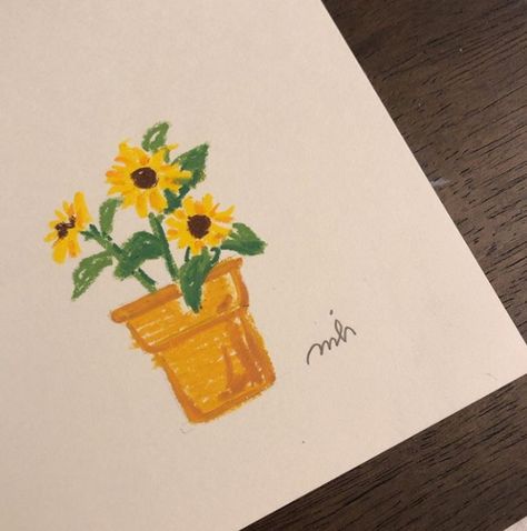 Oil Pastel Art Cute, Sunflower Aesthetic Drawing, Oil Crayon Art, Crayon Sketches, Oil Pastel Still Life, Drawing With Pastels, Pastel Drawing Ideas, Markers Drawing Ideas, Whimsical Art Journal