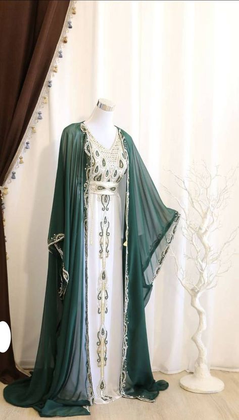 Green & White Handcrafted Zari work Stitched Dress Georgette Kaftan Party Wear Wedding Dresses - MS CREATION - 4342943 Green Nikkah Dress, White Nikkah Dress, Party Wear Wedding Dresses, Kaftan Wedding Dress, Georgette Kaftan, Islamic Dresses, Pakistani Lehenga, Dress Georgette, Arabic Dress