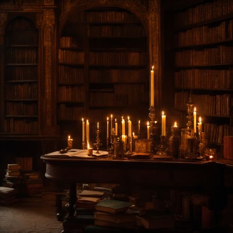 A vintage 85mm lens at f/2.0 offers a cinematic view of an alchemist's library, where candlelight battles with shadow. The intentional use of low-key lighting highlights the textured spines of ancient grimoires and the golden glow of candles. A warm white balance creates an inviting ambience, inviting viewers to immerse in the old-world charm, as the bokeh effect gently obscures the periphery of this scholarly sanctuary. Room Filled With Candles, Uranus Pisces, Candle Lit Room, Candlelight Aesthetic, Alchemist Aesthetic, Old World Aesthetic, Candlelight Concert, Candle Light Room, Poem Aesthetic