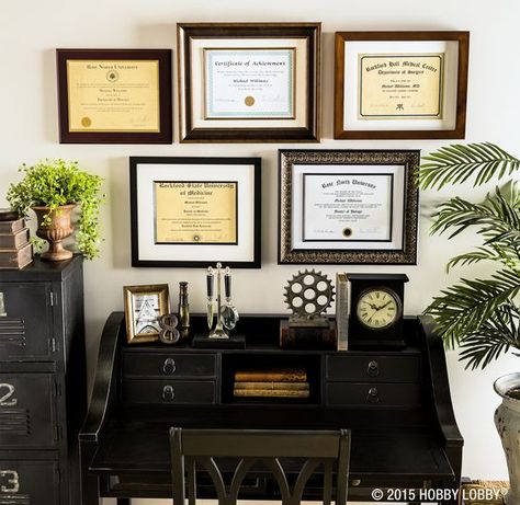 Diploma wall Diploma Display Wall, Diploma Wall, Wall Display Ideas, Office Decor Professional Work, Diploma Display, Wall Frame Design, Graduation Inspiration, Law Office Decor, Office Decor Professional