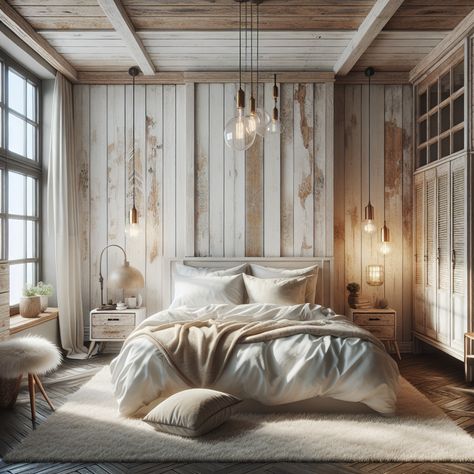 Imagine a modern rustic style bedroom. A comfortable king-size bed dominates the room, with fluffy white duvets and pillows. To the side, there's a retro wooden nightstand housing a vintage lamp. Opposite the bed, a rustic, aged wooden wardrobe stands, its grains and knots adding to the room's appeal. Large bright windows decorate the room, allowing plenty of natural light to flood in, illuminating the hanging Edison bulb lights, further enhancing the warm, cozy atmosphere of the room. Cabin Inspired Bedroom, Bedroom Wall Panel, Modern Chic Bedroom, Modern Rustic Bedroom, Wall Panel Ideas, Wall Panel Designs, Modern Rustic Bedrooms, Panel Ideas, Wall Panels Bedroom