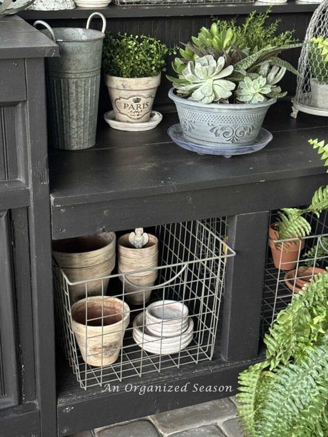 Need a place to store your gardening supplies? Use these easy ideas to organize a potting bench with style! Modern Potting Bench, Potting Bench Ideas With Sink, Black Potting Bench, Potting Bench With Farmhouse Sink, Farmhouse Sink Potting Bench, Potting Bench Faucet, Planting Station Potting Tables With Sink, Spring Cleaning Yard, Stacked Flower Pots