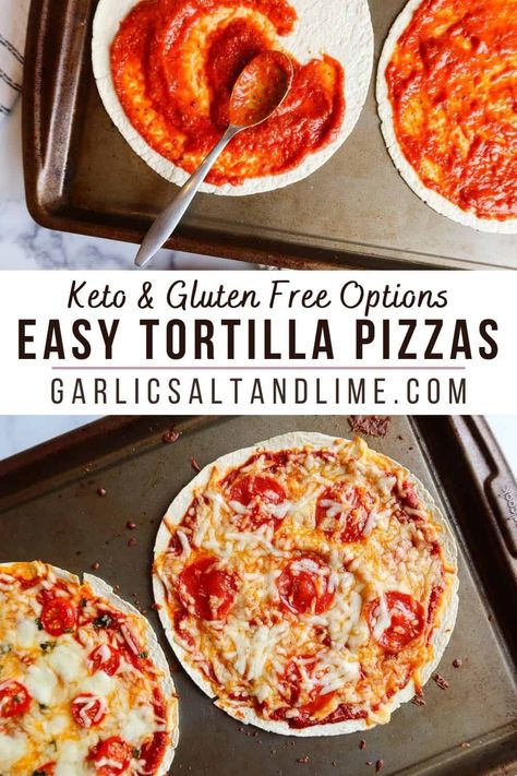 Low Carb Tortilla Pizza, Tortilla Pizzas, Fresh Basil Recipes, Making Pizza Dough, Gluten Free Tortillas, Tortilla Pizza, Pizza Bar, Craving Pizza, Mini Pizzas