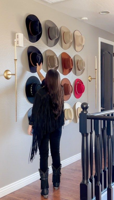 Wall Hat Hanger, Cowboy Hat Organization, How To Hang Cowboy Hats, Cowgirl Hat Holder, Cowgirl Hat Decor, How To Store Cowboy Hats, Womans Cowboy Hat, Wall Of Hats, Cowboy Hat Wall Hanger